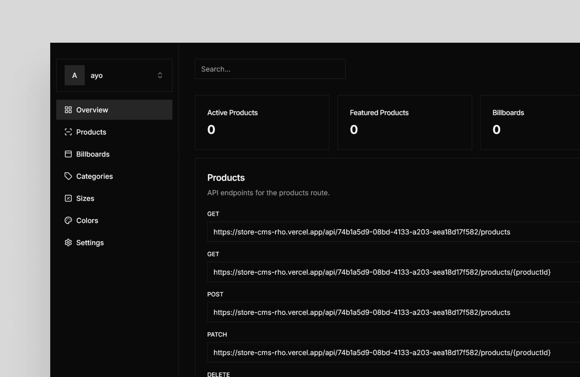 Screenshot of Store CMS - A headless content management system for e-commerce stores, providing API-driven product, category, and inventory management.